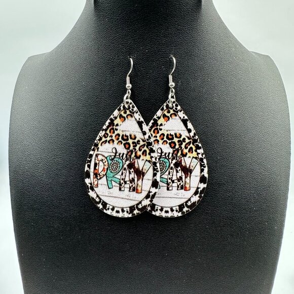 3/$30 Just Pray Earrings Vinyl Animal Print Leopard Western Boho Faith 2.5" - Picture 3 of 7